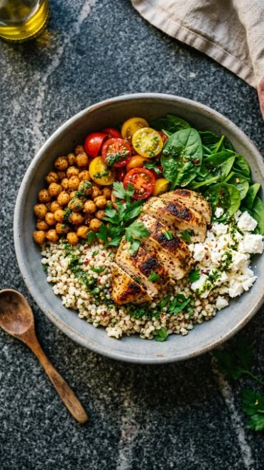 Lemon-Herb Chicken Bowl with Chickpeas and Feta, topped with fresh herbs.