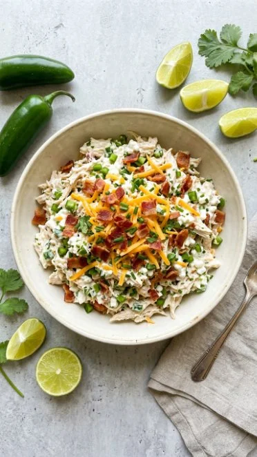 Low carb jalapeno popper cottage cheese chicken salad in a bowl.