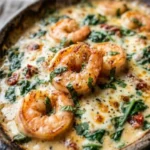 Low-Carb Shrimp Tuscan Bake with creamy sauce and fresh vegetables.