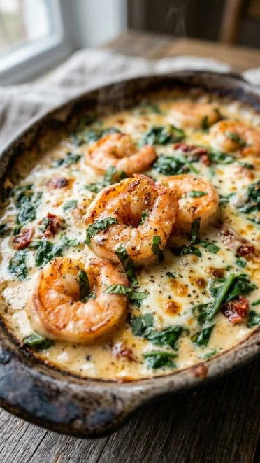 Low-Carb Shrimp Tuscan Bake with creamy sauce and fresh vegetables.