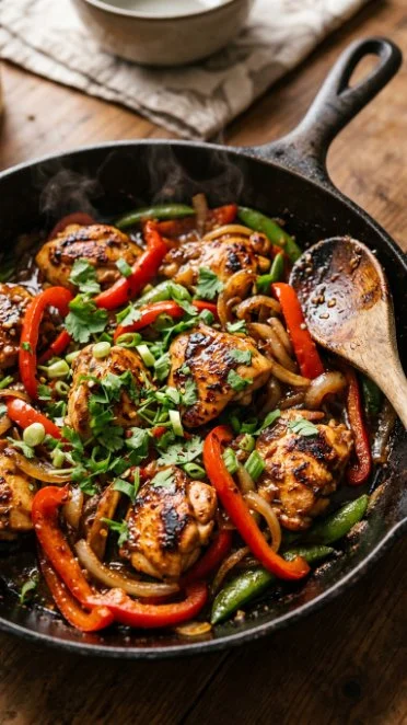 Mediterranean Chicken Stir Fry with vegetables in a colorful dish