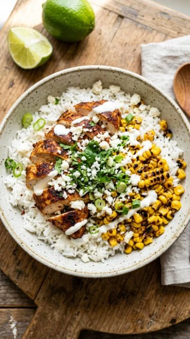 Mexican street corn and chicken rice bowl served in a colorful dish
