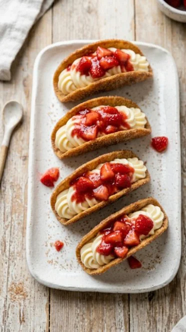Mini cheesecake tacos filled with strawberry topping and whipped cream