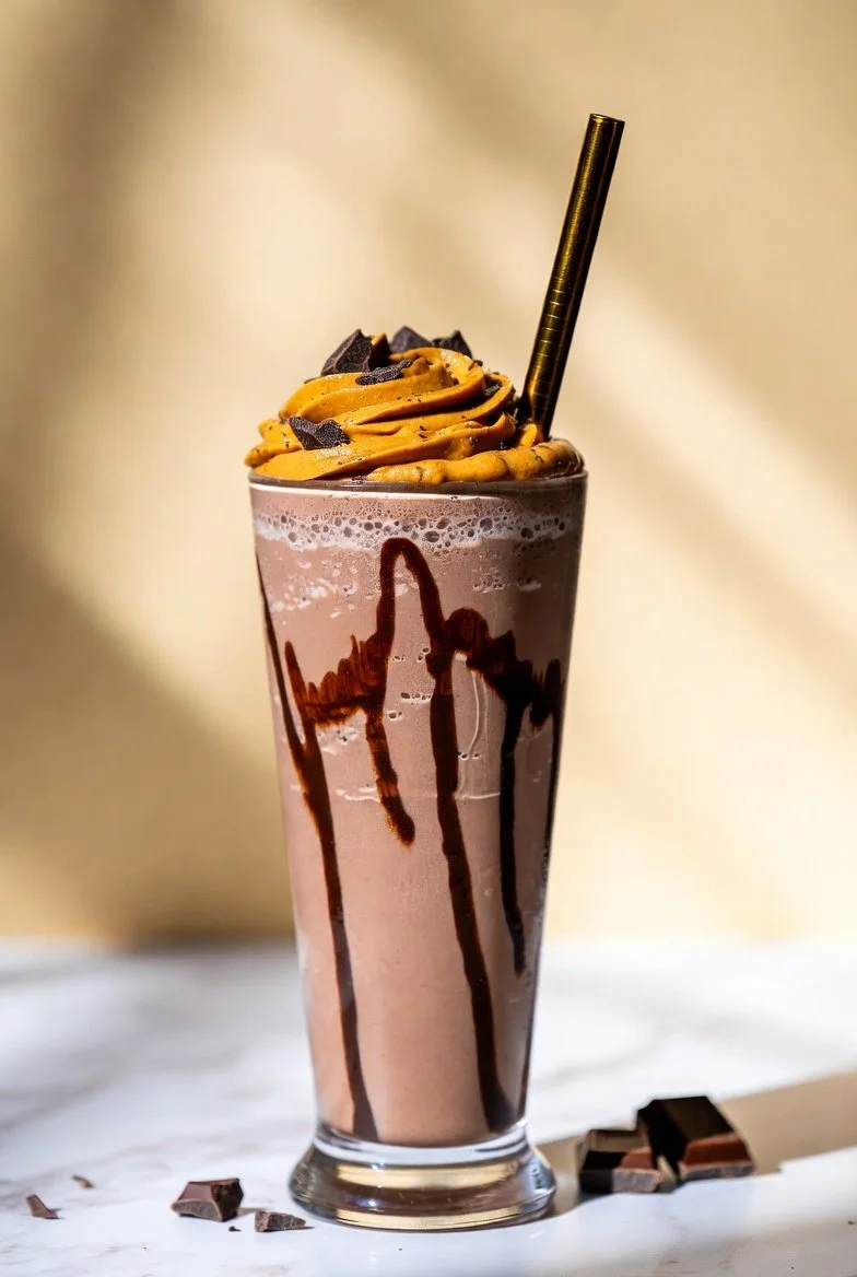 Homemade Ninja Creami protein milkshake in a glass with a straw