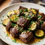 One-Pan Garlic Butter Steak with Zucchini served on a plate