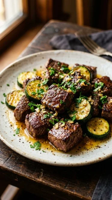 One-Pan Garlic Butter Steak with Zucchini served on a plate