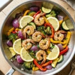 Delicious one-pan shrimp and veggies dish served in a vibrant plate
