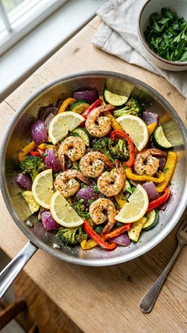 Delicious one-pan shrimp and veggies dish served in a vibrant plate