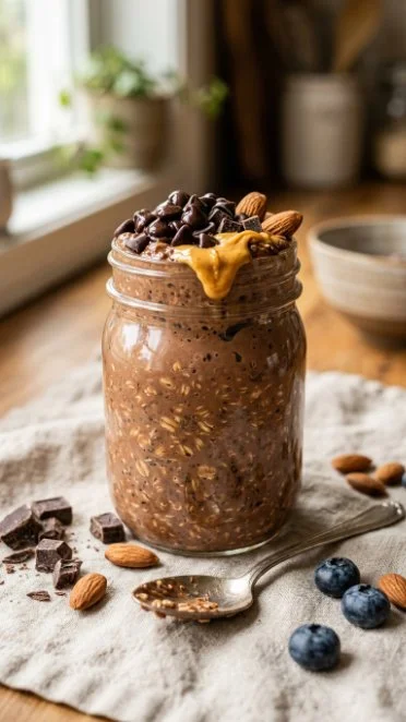 Delicious bowl of overnight oats topped with fruits and nuts