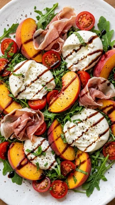Delicious Peach Burrata Summer Salad with fresh peaches and creamy burrata cheese.