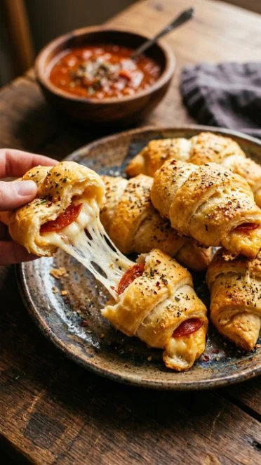 Pepperoni pizza crescent rolls fresh out of the oven, served on a plate.