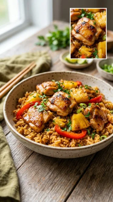 Delicious Pineapple Chicken and Rice served in a bowl with fresh herbs