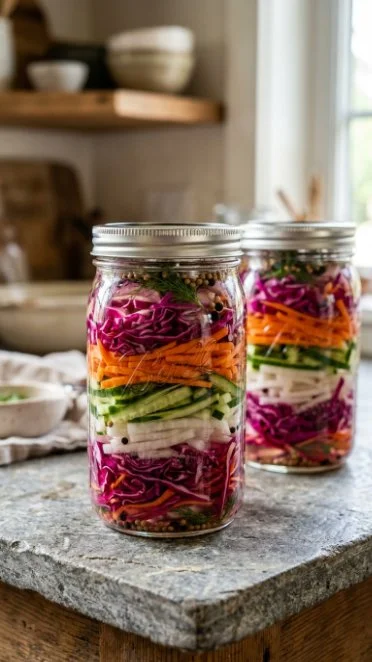 Jars of colorful quick fridge pickled vegetables on a kitchen table