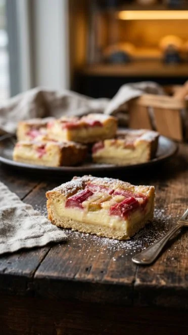 Delicious rhubarb custard bars with a golden crust and creamy filling.