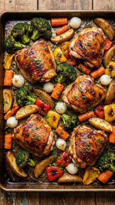 Roasted garlic chicken served with colorful vegetables in a savory dish.