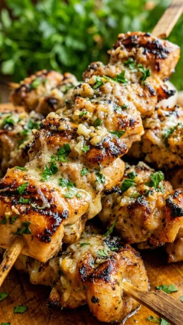 Savory garlic parmesan chicken skewers ready for grilling in the summer sun
