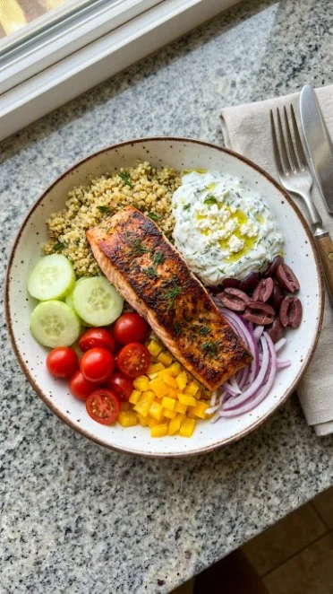 Mediterranean Salmon Bowl with fresh vegetables and flavorful sauce
