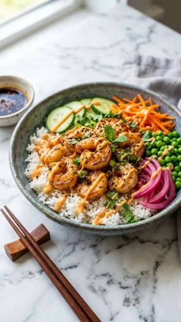 Shrimp rice bowls topped with spicy mayo served in a colorful bowl.