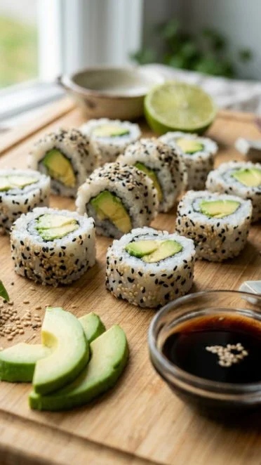 Delicious selection of Simply Perfect Sushi rolls served on a wooden platter