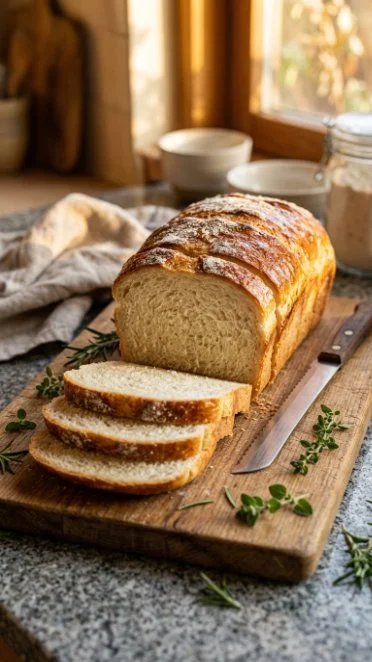 Freshly baked sandwich bread sliced for sandwiches and toast.