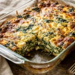 Delicious Spinach Casserole topped with Feta Cheese served in a baking dish