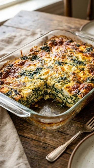 Delicious Spinach Casserole topped with Feta Cheese served in a baking dish