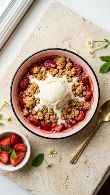 Delicious strawberry crisp topped with oat crumble in a baking dish.