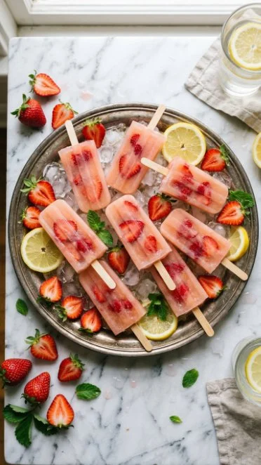 Delicious strawberry lemonade popsicles on a sunny day.