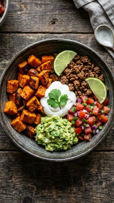 Delicious Sweet Potato Taco Bowl with fresh toppings and colorful ingredients