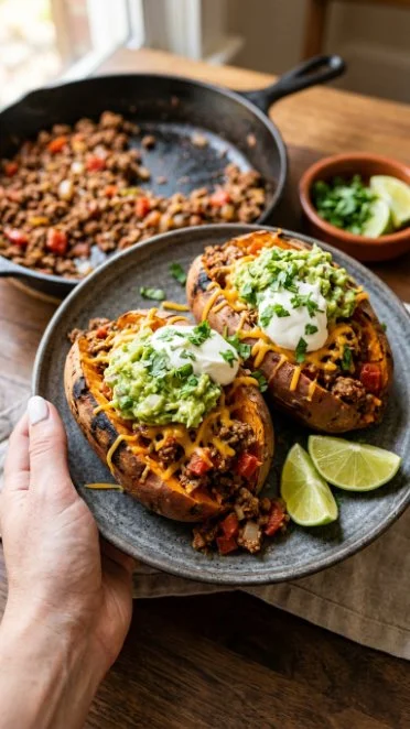 Taco stuffed sweet potatoes topped with cheese and fresh ingredients on a plate