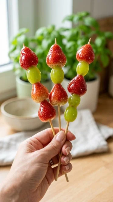 Delicious Tanghulu made with freshly candied fruit on skewers.