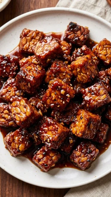 Tempeh stir-fry with honey garlic sauce served on a plate