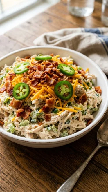 Delicious jalapeno popper chicken salad topped with crispy bacon and cheese