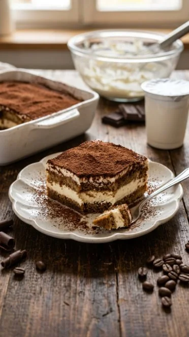 Delicious homemade tiramisu dessert with layers of coffee and mascarpone cream.