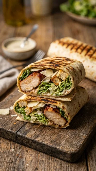 Ultimate Chicken Caesar Wraps with fresh ingredients in a tortilla