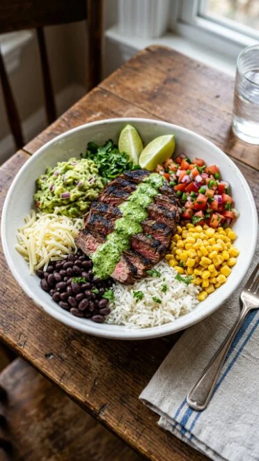 Delicious cilantro lime steak bowls garnished with fresh veggies and lime wedges.