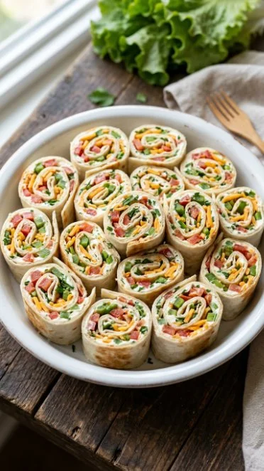 Vegetable Tortilla Roll Ups filled with colorful vegetables and rolled for easy eating.