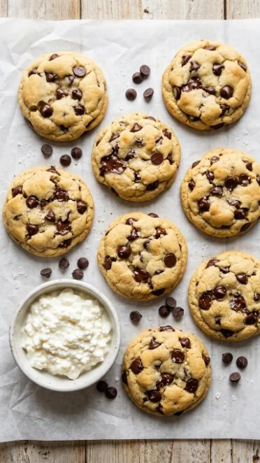 Healthy cottage cheese chocolate chip cookies on a wooden table.