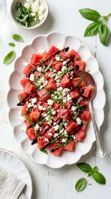 A vibrant watermelon salad with fresh fruits and herbs garnished in a bowl