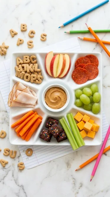 Colorful after school snack board with assorted fruits, crackers, and cheeses.