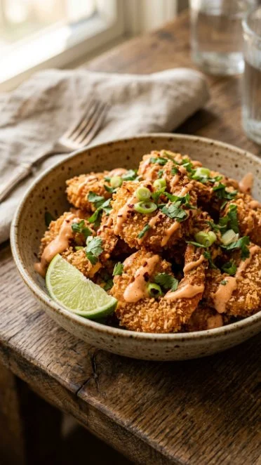 Crispy Air Fryer Bang Bang Shrimp served on a plate with dipping sauce