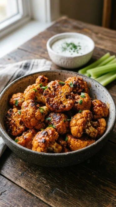 Air Fryer Buffalo Cauliflower Bites served on a plate garnished with herbs