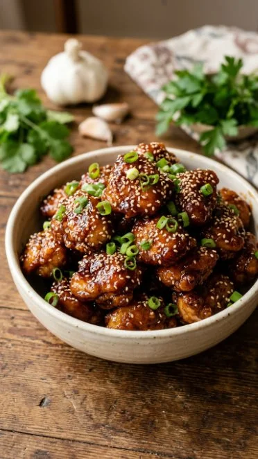 Air Fryer Honey Garlic Chicken Bites served on a plate with garnish