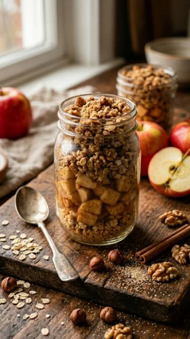 Delicious apple crisp in a jar ready to be enjoyed as a delightful dessert.