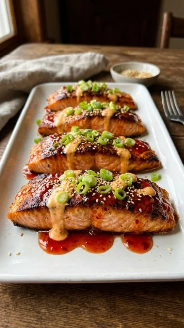 Delicious Bang Bang Salmon served on a plate with fresh herbs and spices.