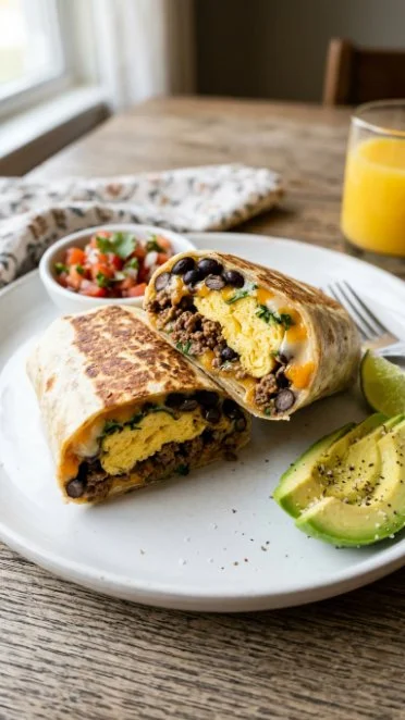 Delicious high-protein breakfast burrito filled with eggs, beans, and salsa.