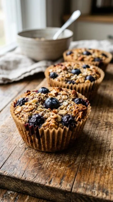 Blueberry Banana Baked Oatmeal Cups fresh out of the oven in a colorful muffin tray