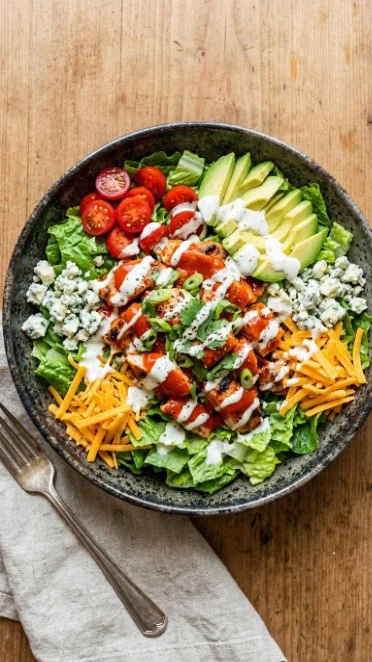 Buffalo Chicken Protein Bowl with fresh ingredients and vibrant colors