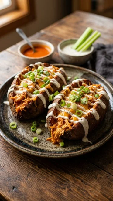 Buffalo Chicken Stuffed Sweet Potatoes topped with creamy sauce and herbs
