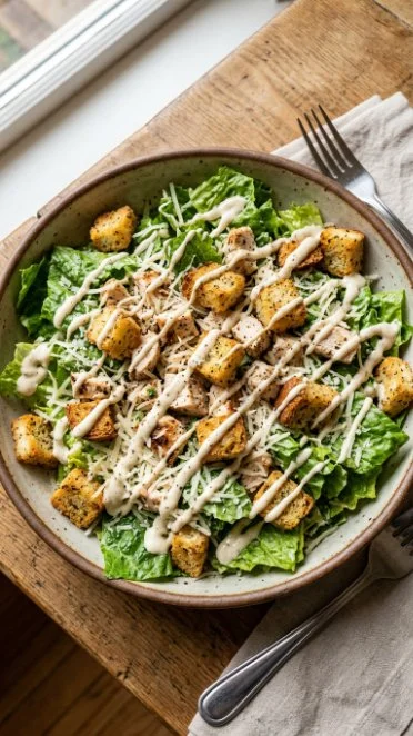 Caesar salad with cottage cheese dressing on a rustic wooden table